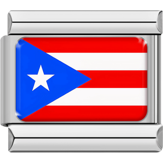 Rectangular Italian charm with a silver border featuring the Puerto Rico flag design of red and white stripes with a blue triangle and white star.